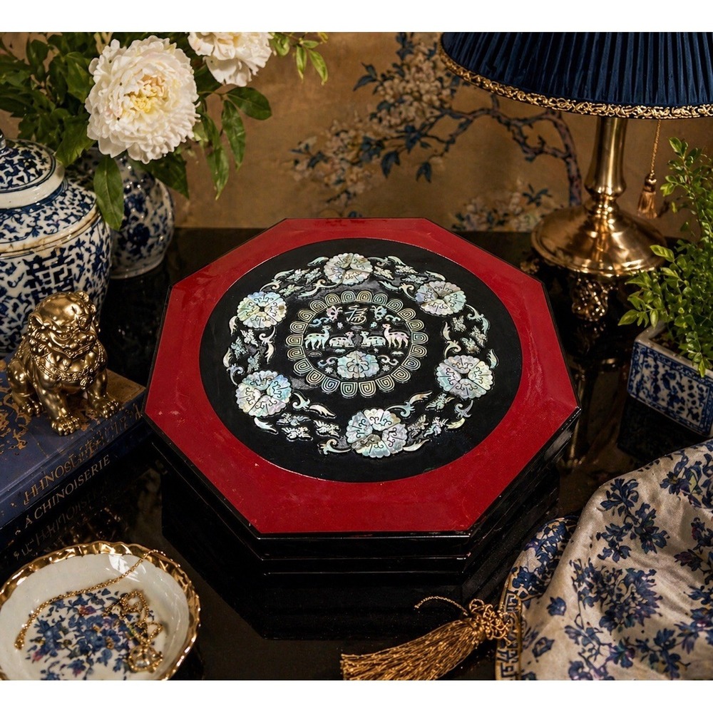 Red Octagon Box Mother of Pearl Inlay 11" Red Lacquer,  Korean Snack Trey
